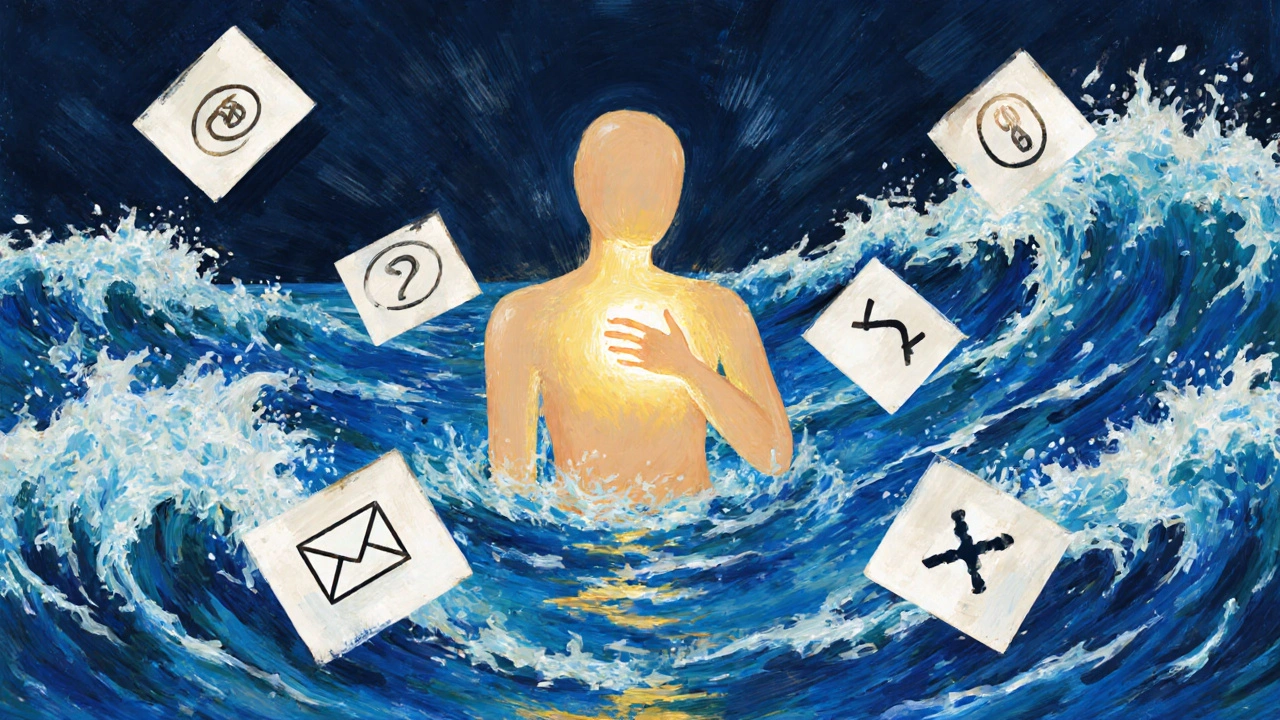 Člověk stojí klidně ve středu bouřky, vlny symbolizují stres, ale z něj svítí světlo klidu.