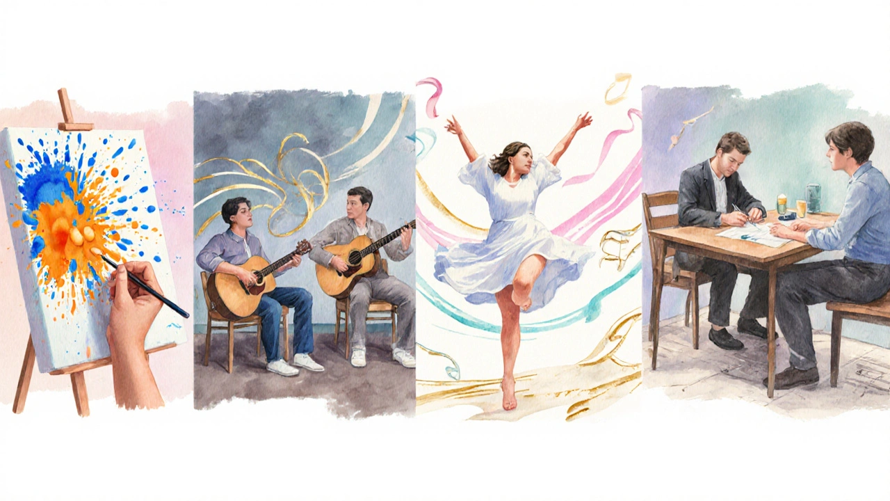 Koláž pěti forem terapie: malba, hudba, tanec, drama a psaní ve stylu akvarelu.