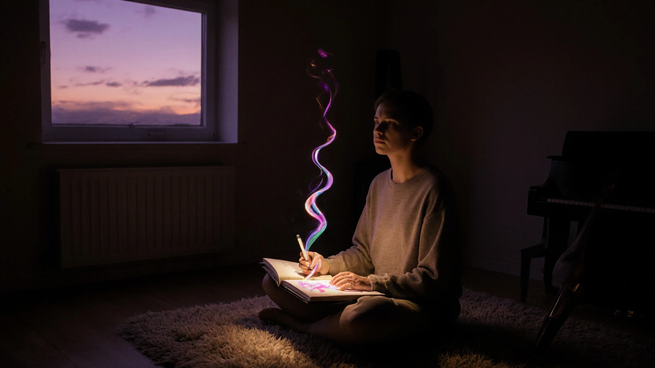 Osoba v klidném prostoru, obklopena jemným světlem a rozptýlenými barvami, nachází vnitřní mír.