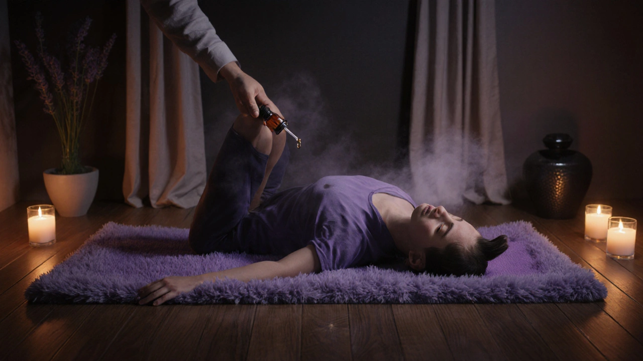 Savasana s levandulovou vůní, tělo leží uvolněně na podložce