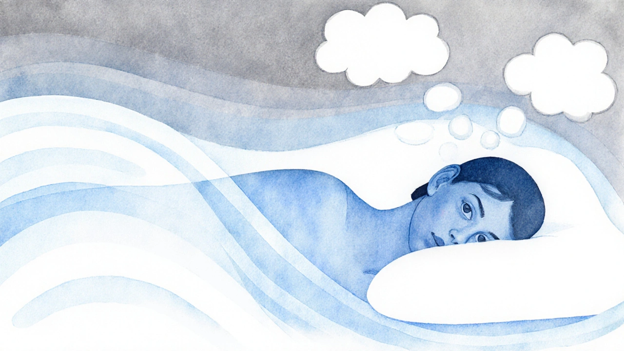 Abstraktní silueta těla s myšlenkami jako obláčky, které se vzdalují.