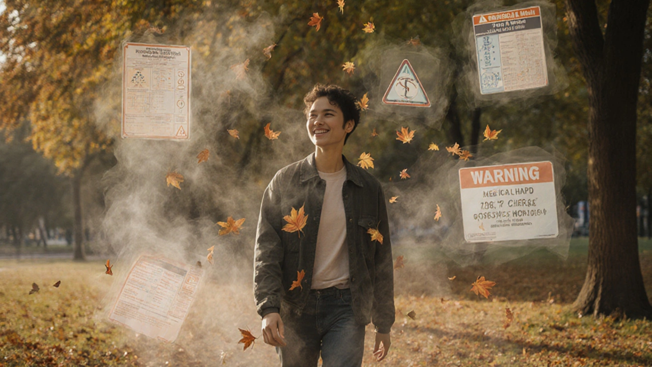 Člověk prochází slunným parkem, zanikající lékařské symboly se rozpouštějí ve vzduchu.