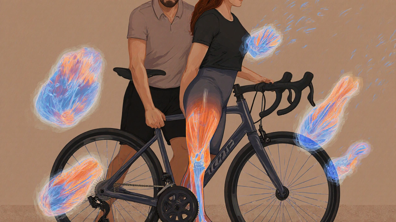 Cyklista dostává masáž kyčle s vizualizací uvolnění svalů.