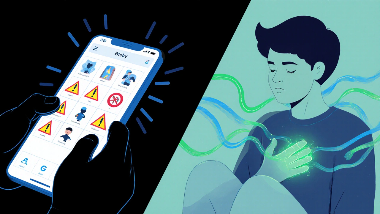 Dvě strany: jedna ukazuje stresující hledání příznaků, druhá klidné přijetí těla.