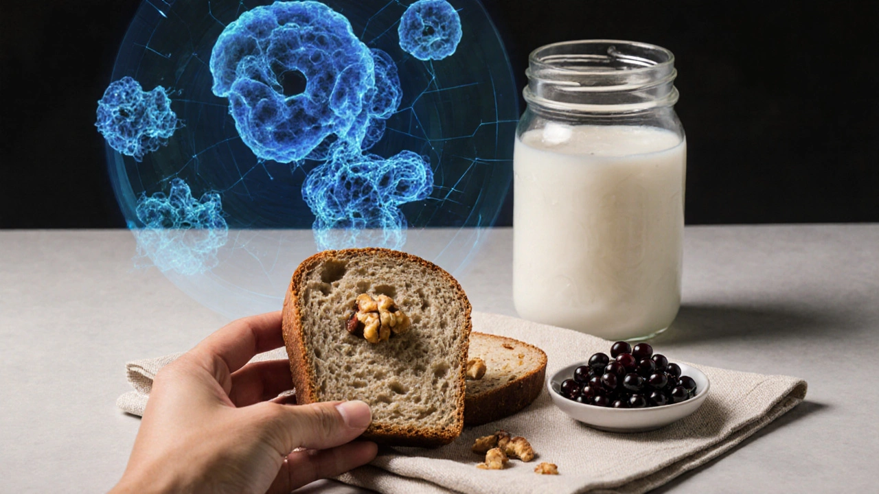 Kvasový jablečný chléb s vlašskými ořechy a kefírem na ubrusu.