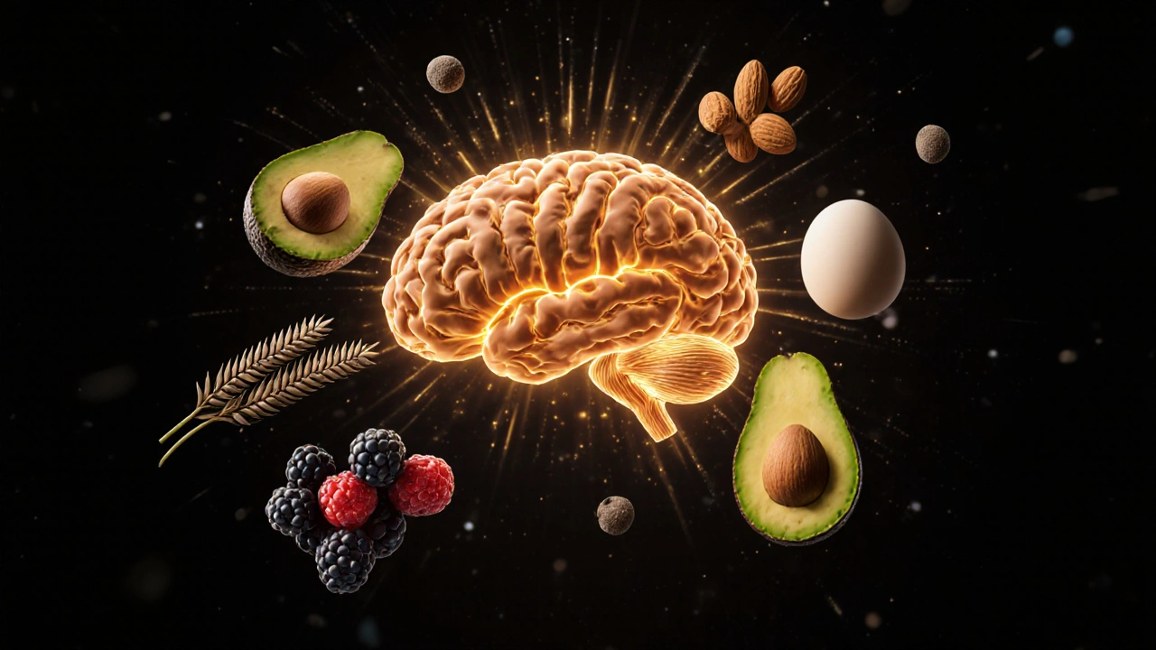 Mozek osvětlený energií z přirozených potravin: ořechy, avokádo, vejce a bobulky.