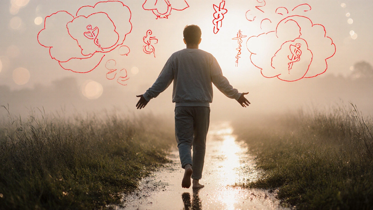 Osoba chodí bosá po trávě v šeru, myšlenky strachu se rozptylují v mlze.