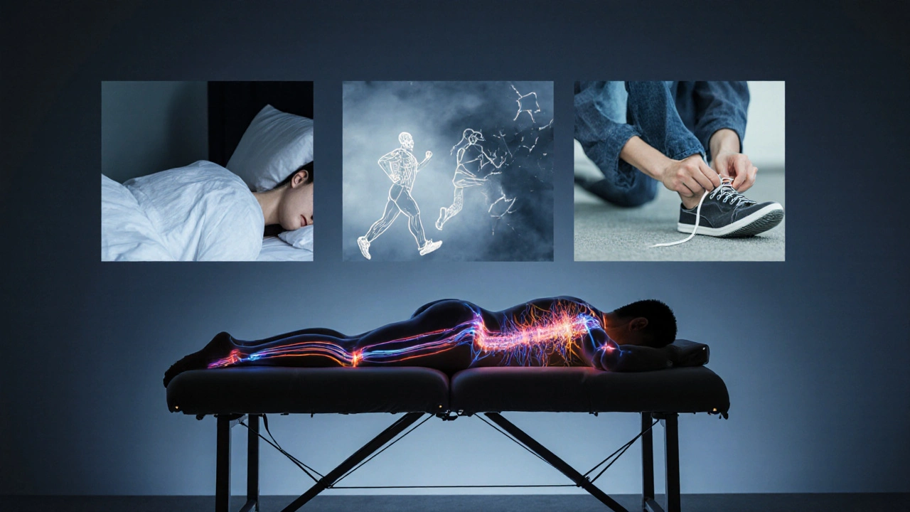 Osoba na masážním stole s vizuálními znaky zlepšeného zdraví těla.