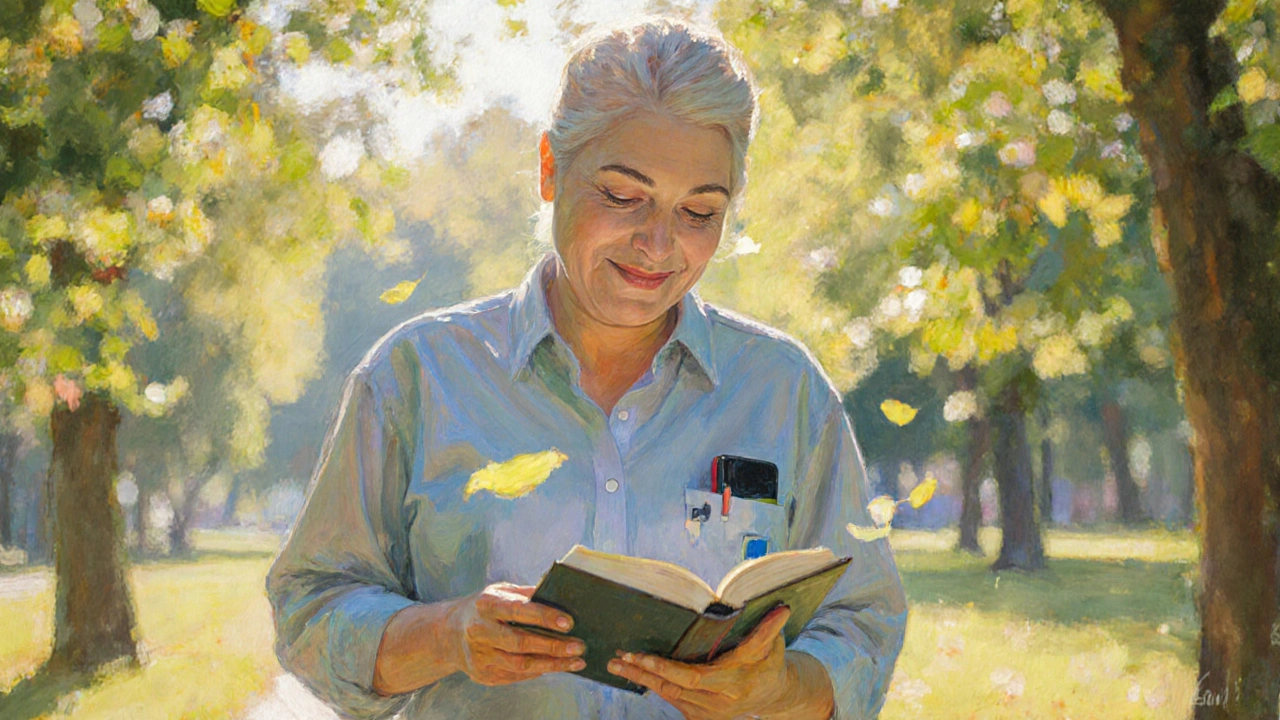 Osoba prochází slunečným parkem s knihou, vzdalující se obavám o zdraví a vracející se k životu.