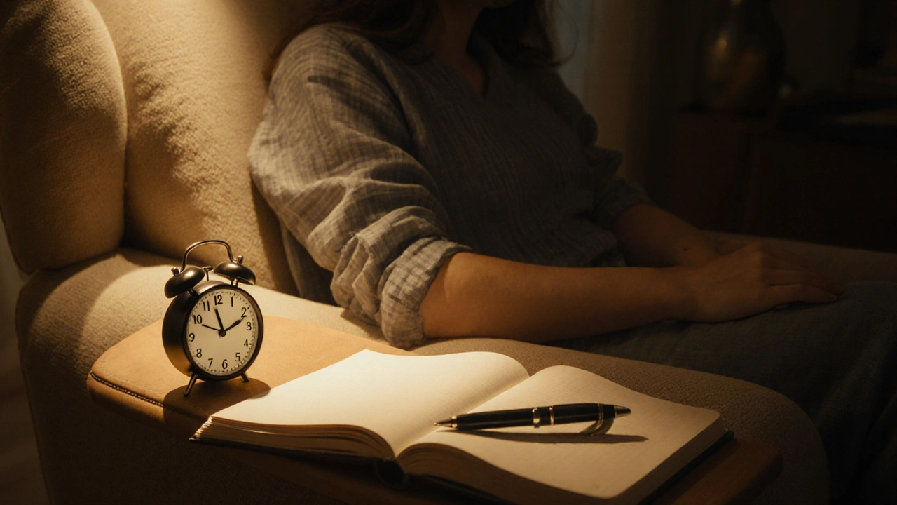 Osoba v klidu večer v křesle s hodinami ukazujícími 17:00–17:15, symbolizující vyhrazený čas na úzkost.