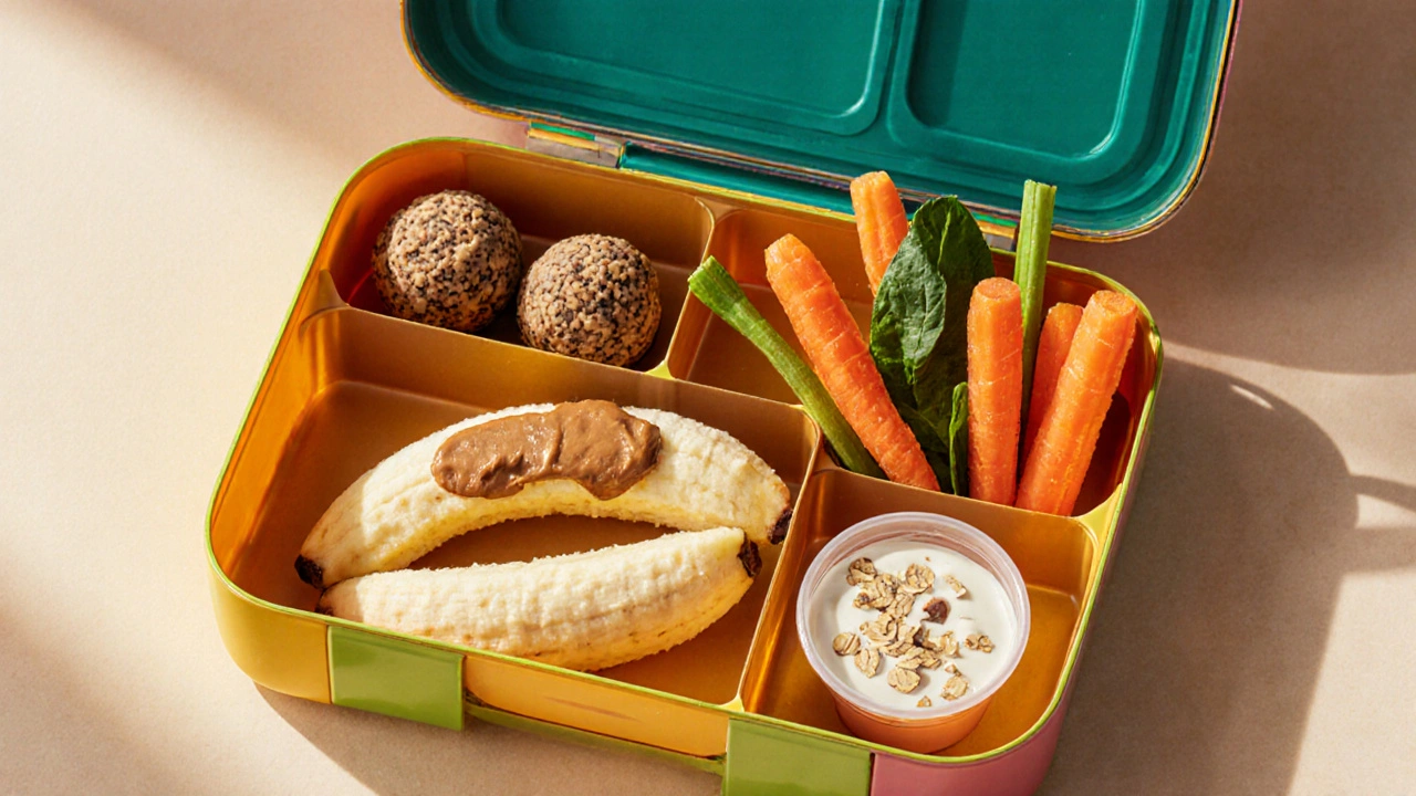 Otevřená obědová krabička s banánem, energie kuličkami, mrkví a dipem pro děti.