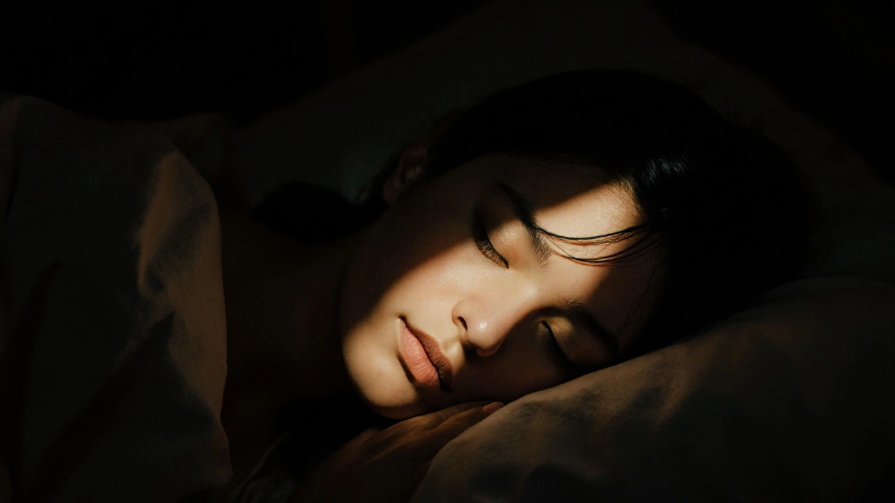 Ruka na polštáři v temnotě, jemné záře symbolizující vědomí přítomnosti.