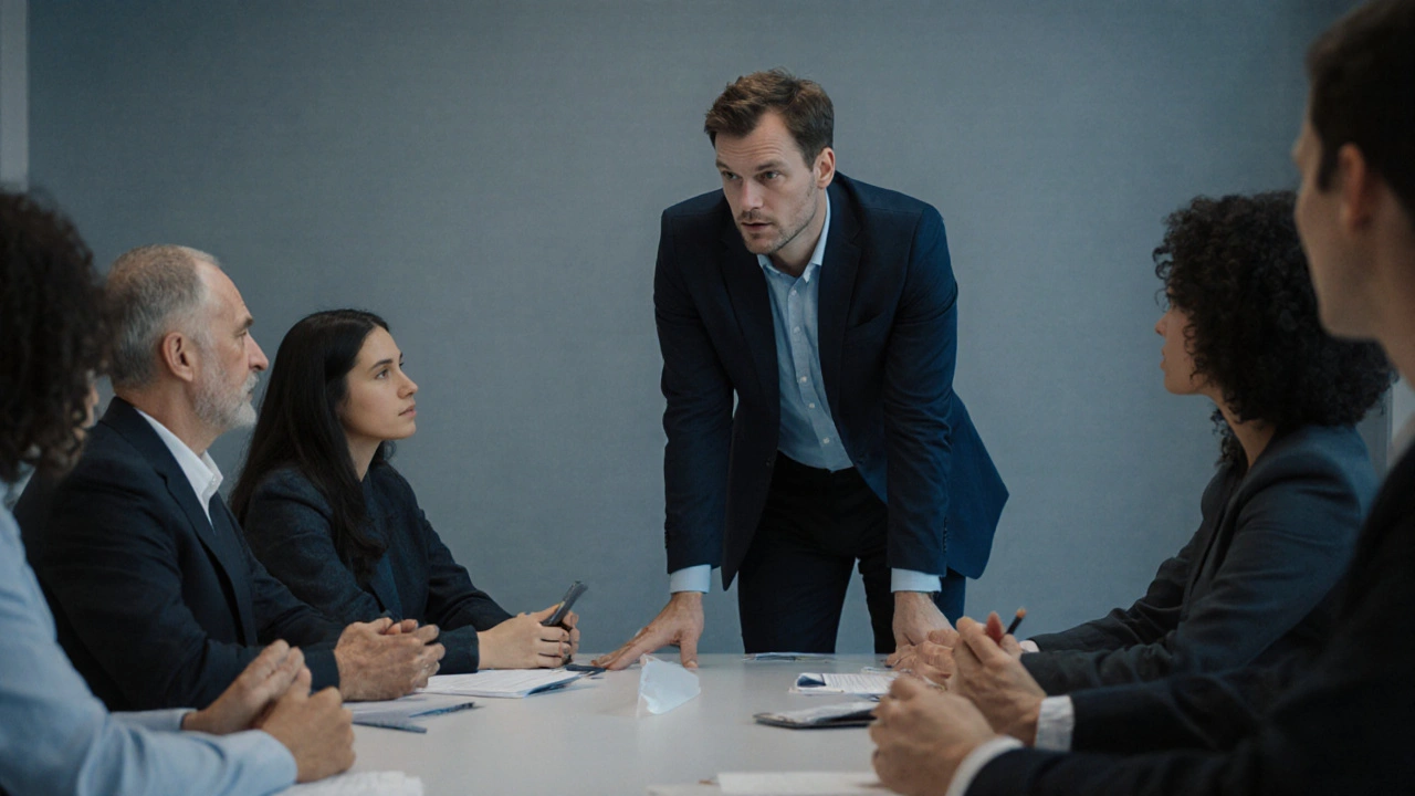 Tým se setkává, všichni poslouchají bez odstupu — vedení je přítomné.