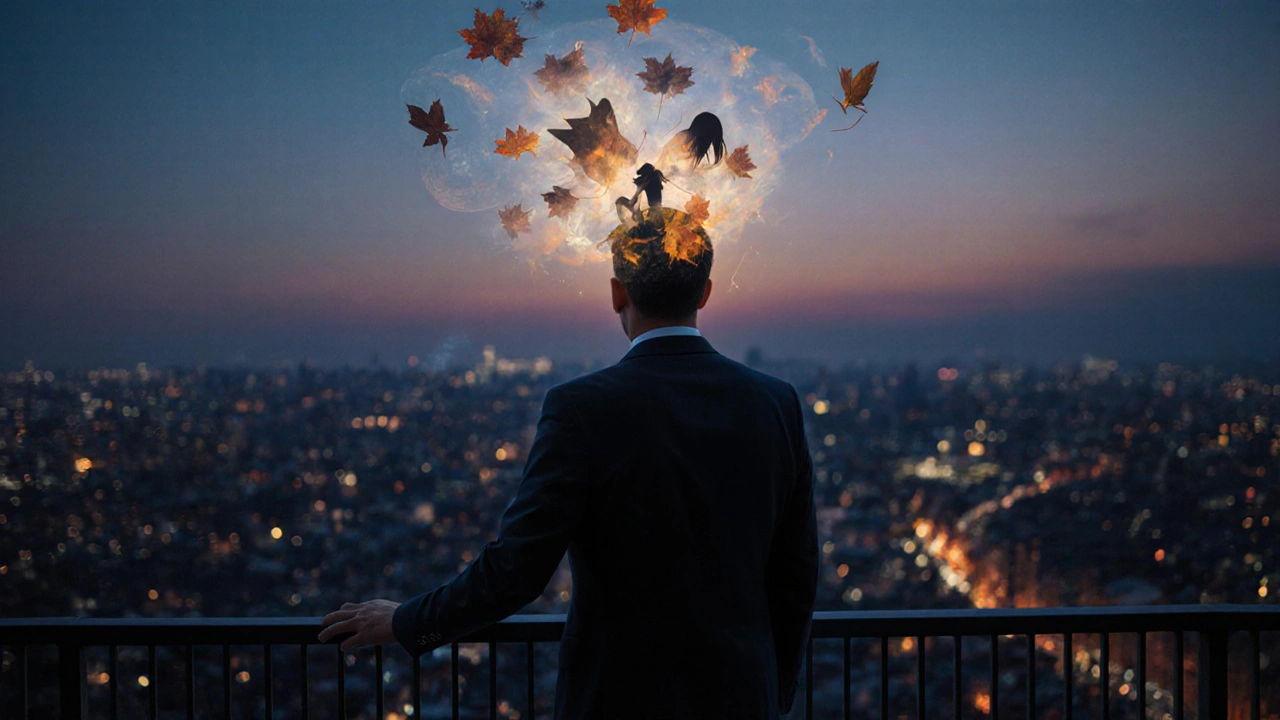 Vedoucí na balkoně pozoruje město, myšlenky se rozplynou jako listy.