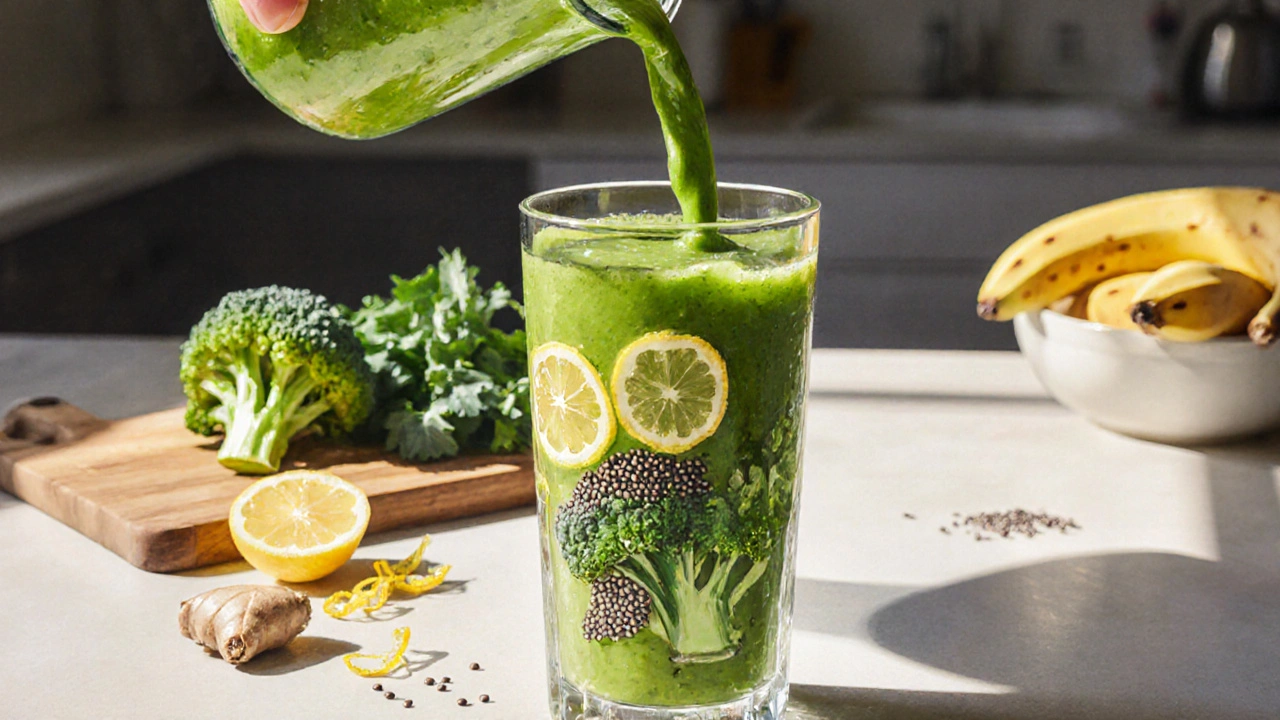 Zelený smoothie s brokolicí, křenem a citronem naléváný do sklenice.