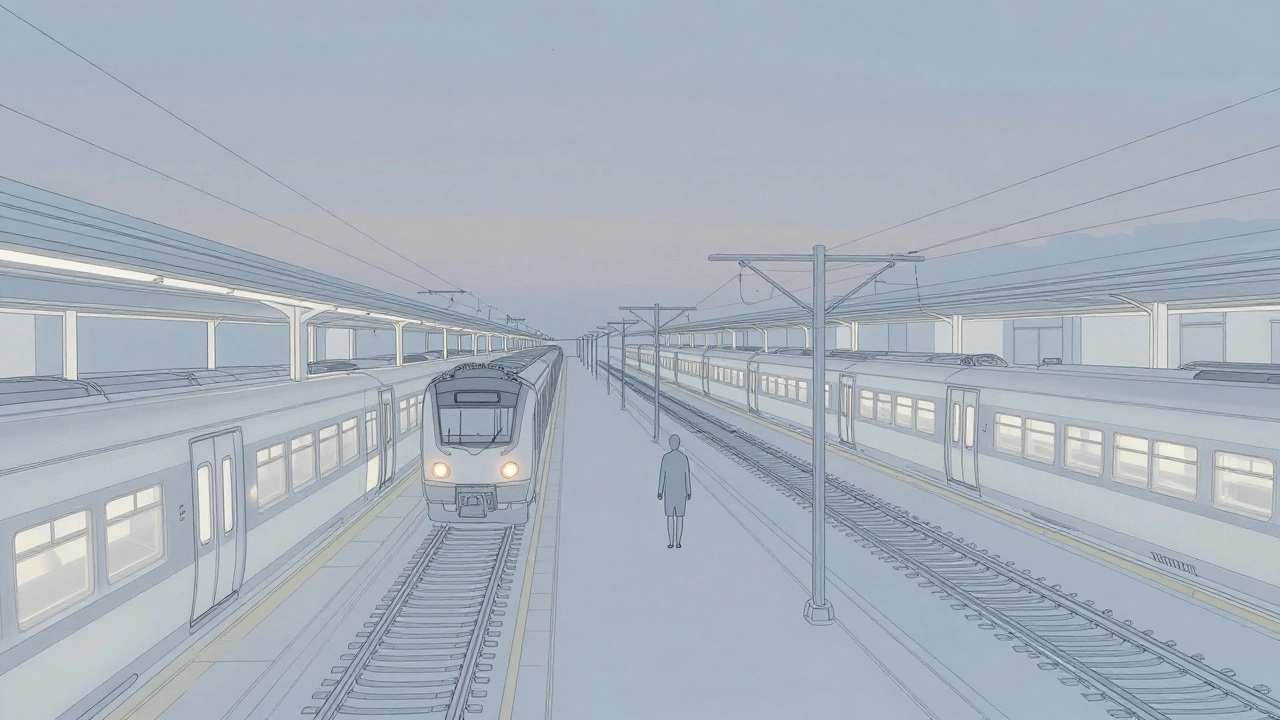 Abstraktní nádraží s příjezdy vlaků, jedna osoba klidně pozoruje, symbolizující přítomnost.