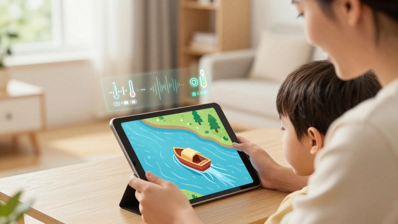 Dítě hraje hru na tabletu, kde loď pluje po řece podle jeho dechu.