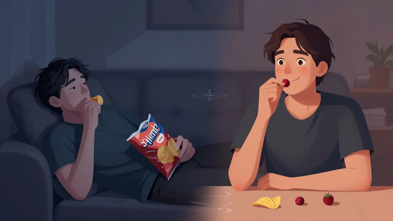 Dvě scény: jedna s nevědomým jídlem, druhá s vědomým jídlem – přechod od chaotického k klidnému.