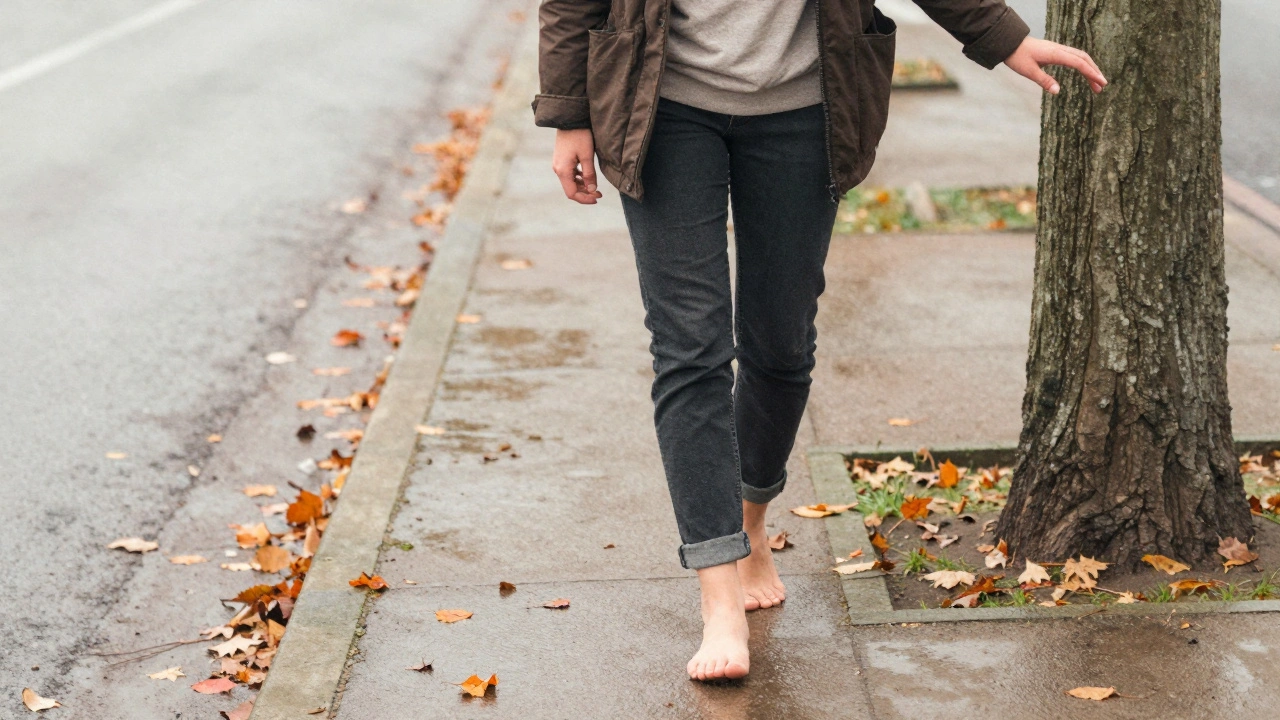 Osoba chodí bosá po mokré chodníku v podzimu, jemně se dotýká stromu.