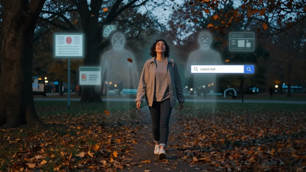 Osoba prochází parkem ve večerním světle, zatímco duchy strachu zanikají kolem ní.