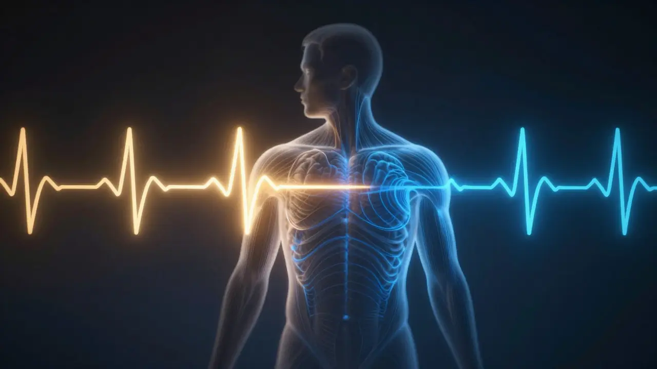 Průhledný lidský obraz s vlnami srdečního tepu, svalového napětí a mozkových vln v klidných barvách.