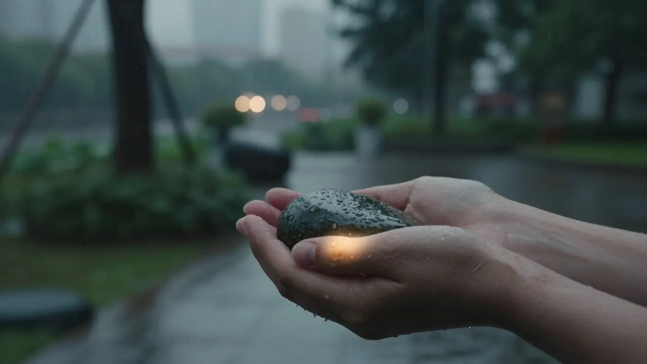 Ruce drží kámen v dešti, kapky na kameni, měkké osvětlení a rozmazané městské světlo za ním.