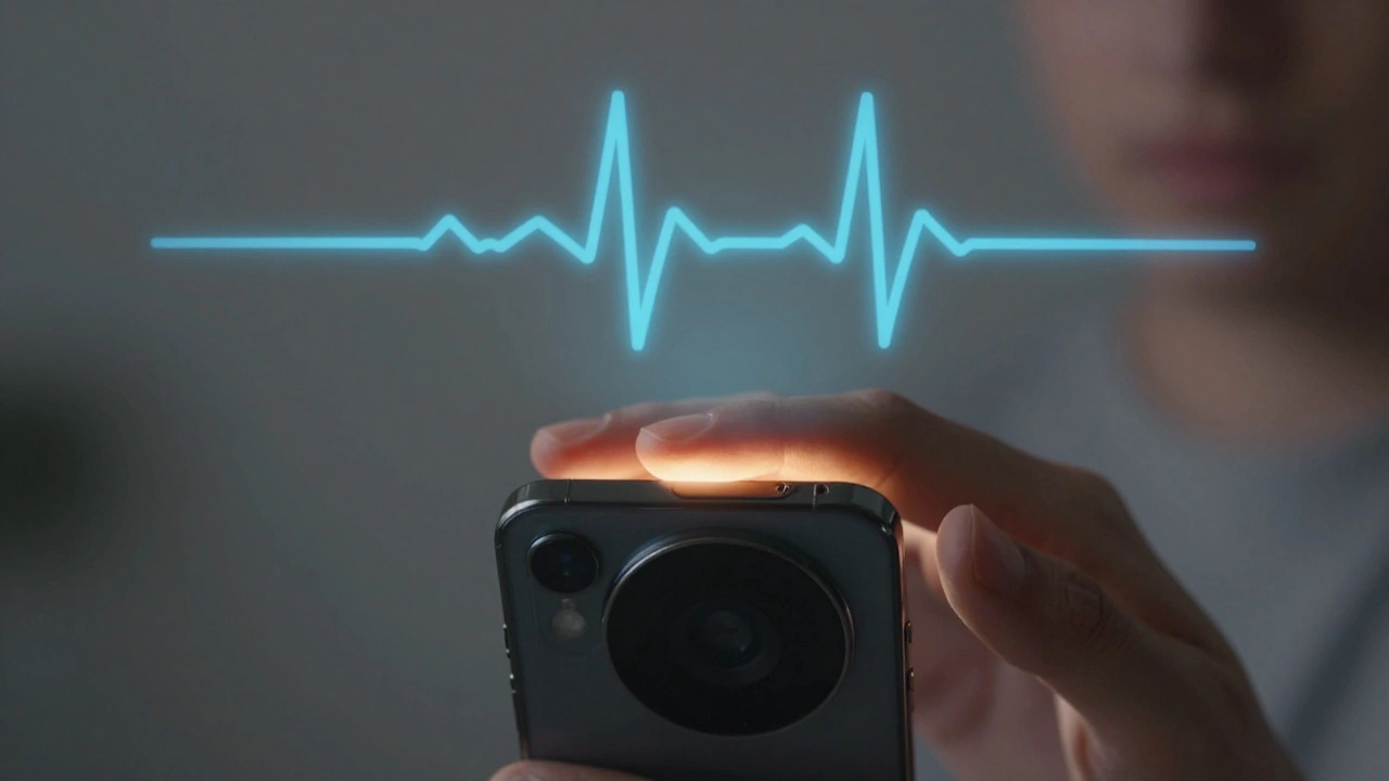 Ruka na objektivu telefonu s viditelnou pulzní vlnou symbolizující srdeční frekvenci.
