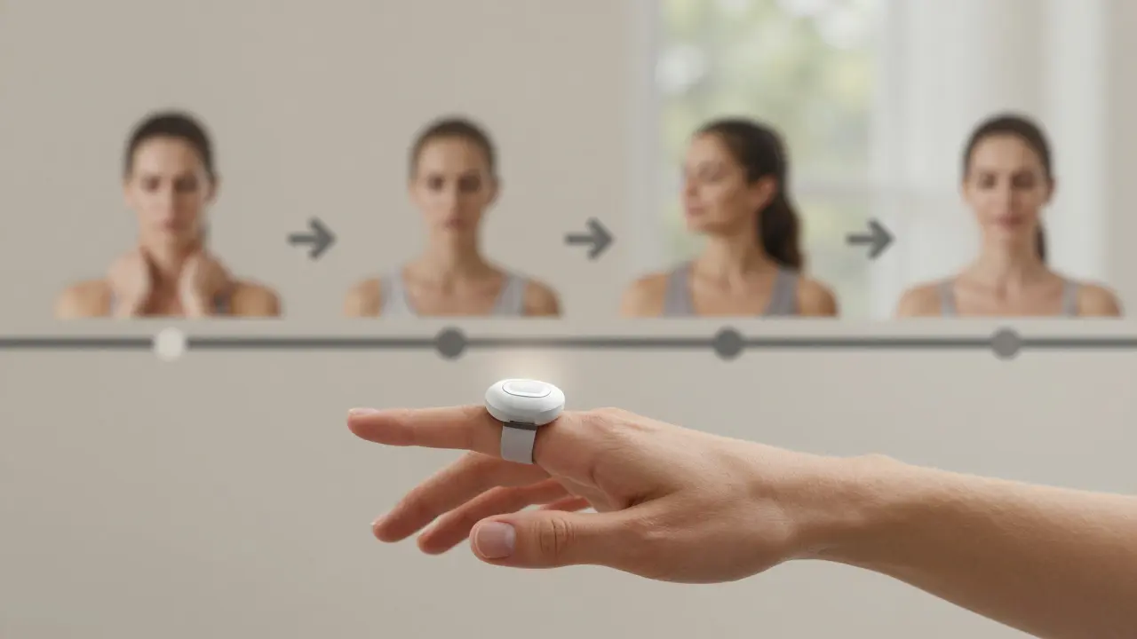 Ruka s malým biofeedback zařízením na prstu, za ní viditelný přechod od napětí k uvolnění.