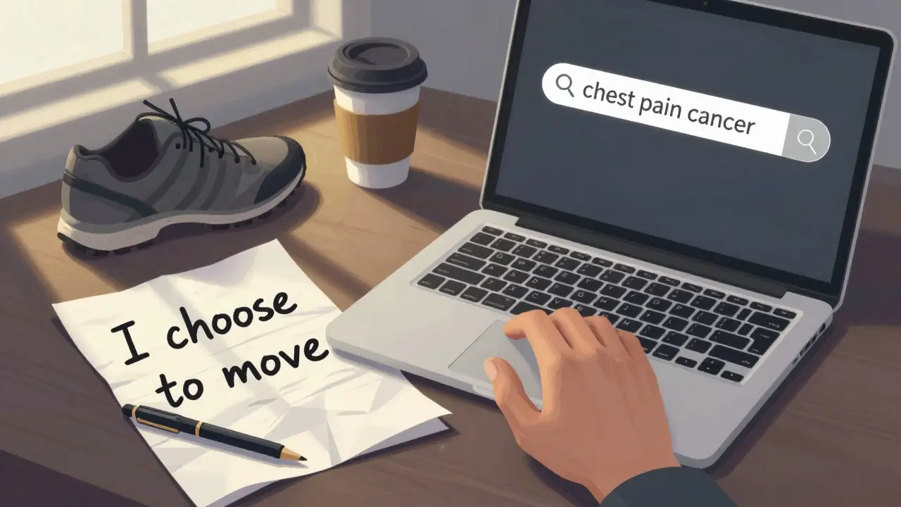 Ruka se zadrhá nad klávesnicí s vyhledáváním příznaků, vedle leží papír s nápisem 'volím pohyb'.