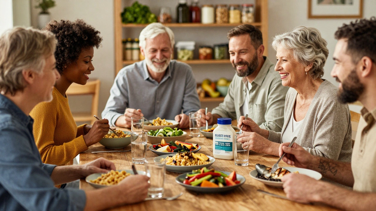 Skupina lidí sdílí jídlo bez lepku v domácím prostředí s přírodními potravinami.