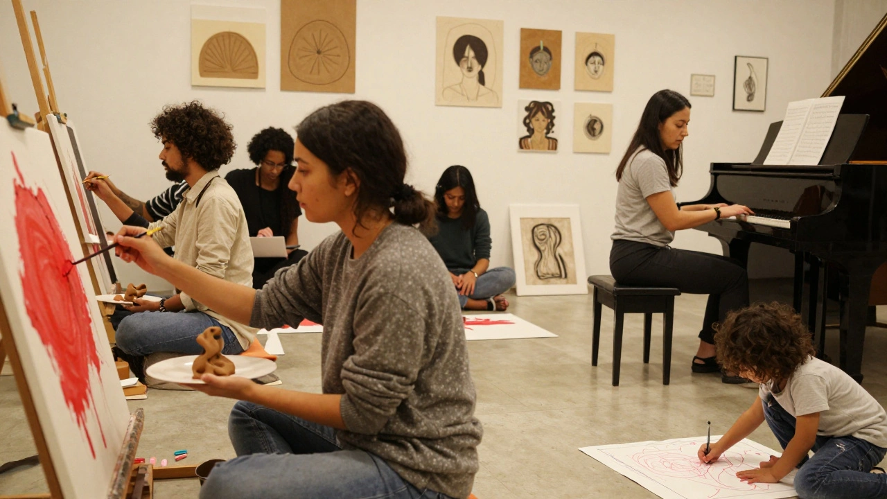 Skupina lidí v terapeutickém prostředí vytváří umění pomocí malování, hlíny a hry na klavír.