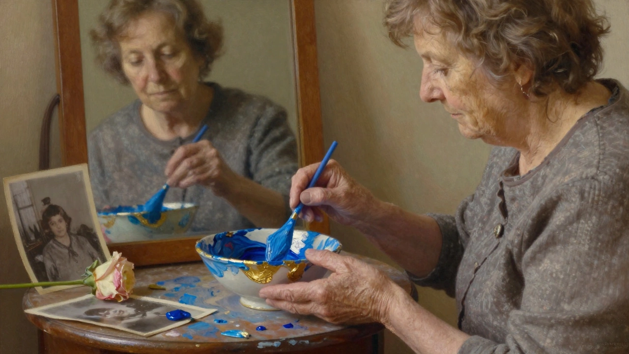 Stará žena maluje na keramické míse, její tvorba se odráží ve zrcadle jako symbol vnitřního vyjádření.