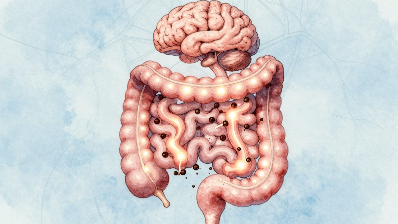 Symbolický obraz hojícího se střeva s odcházejícími částicemi lepku a propojením s mozkem.