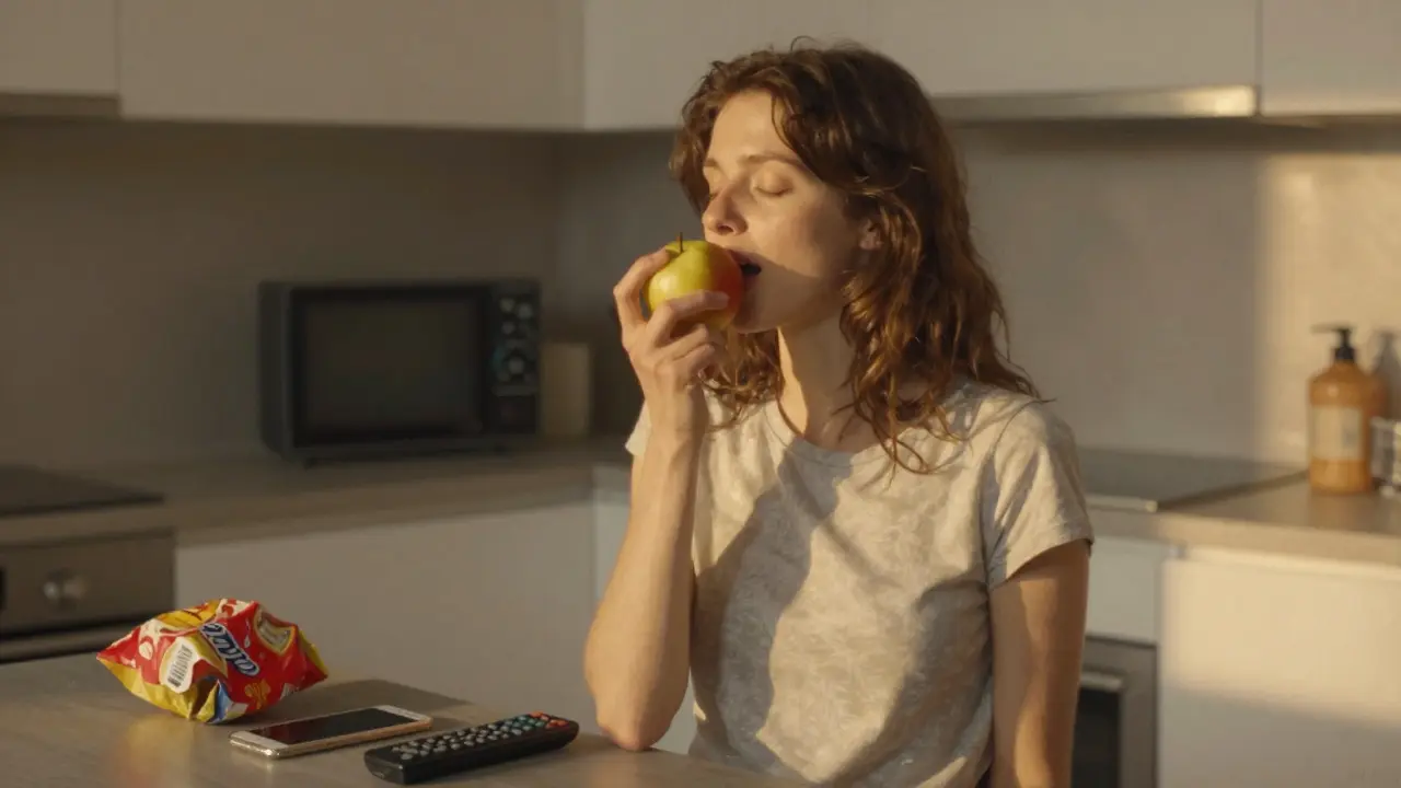 Žena chutná jablko s očima zavřenými, kolem ní ignorované předměty.