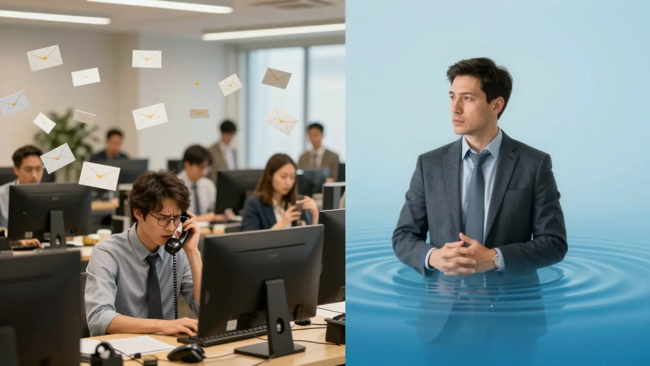 Dvě části obrazu: chaos v kanceláři vs. klidný rozhovor s týmem.