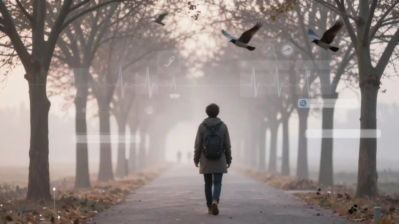 Osoba prochází lesní cestou na ranním slunci, zatímco strachové symboly postupně mizí.