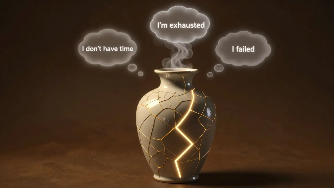 Poškozená váza se pomalu léčí zlatými čarami, myšlenky se rozptylují jako mlha.