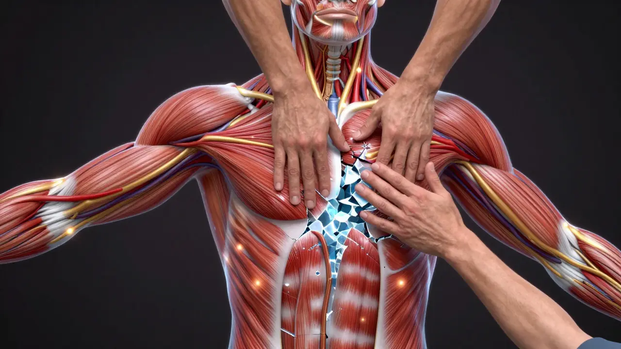 Průhledný náčrt těla s krevním oběhem a uvolňujícími se svalovými vlákny pod masáží.