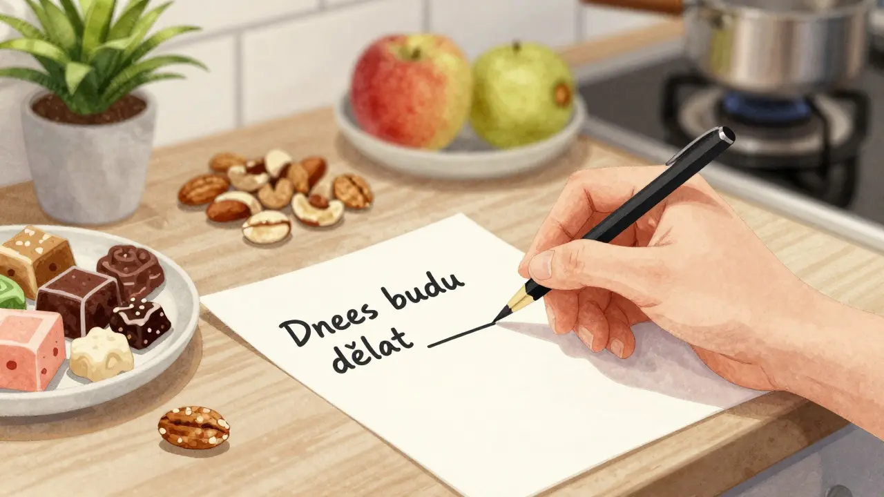 Ruka píše jeden cíl na papír vedle vyčištěné kuchyně s oříšky a ovoce.