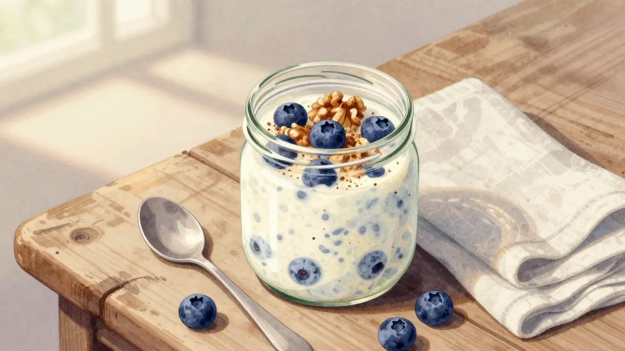 Sklenice s kyselým mlékem, bobulí a ořechy na dřevěné tabuli s křížkem skořice