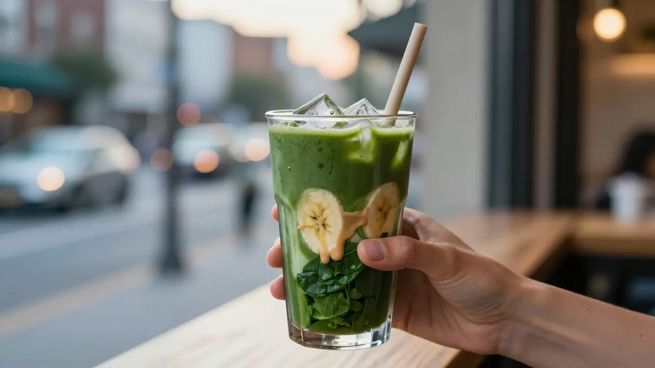 Smoothie ze špenátu a banánu v průhledné sklenici, držená rukama při ranním pití