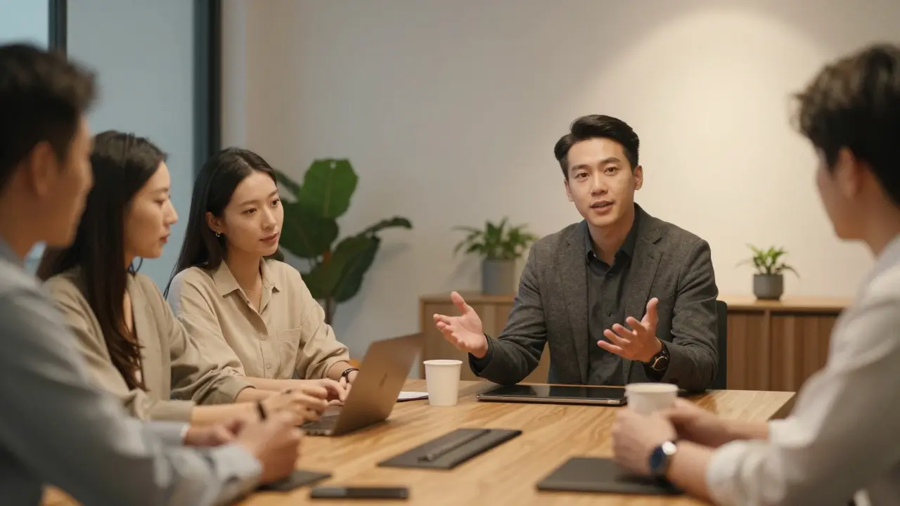 Vedoucí pozorně poslouchá člena týmu, nikdo nevypadá vyčerpán nebo rozptýlen.