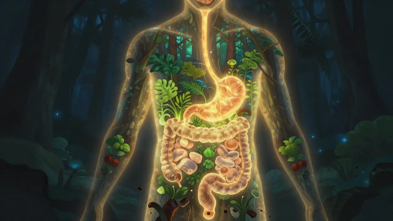 Vnitřek lidského těla jako živý ekosystém s rostlinami ve střevech a světlem energie.