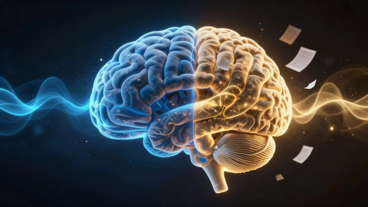 Abstraktní mozek s dvěma režimy spánku: hluboký spánek a REM fáze, zpracovávající emoce jako listy.