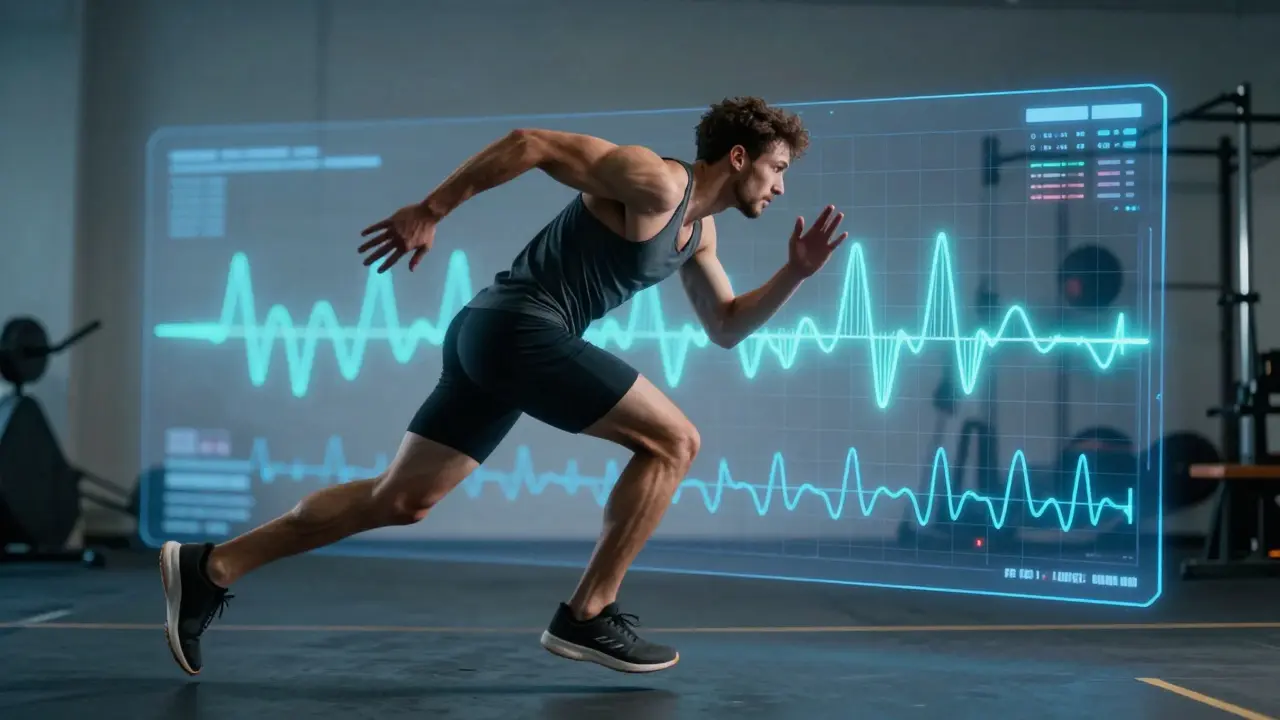 Atlet s přehledem biofeedback dat jako průhledných vln v reálném čase během tréninku.