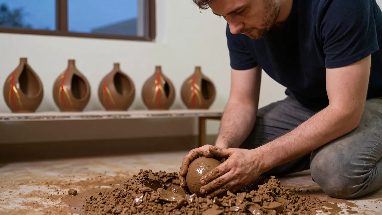 Muž tvaruje hlínu na zemi, kolem něj na polici leží sedm postupně se měnících keramických tvarů.