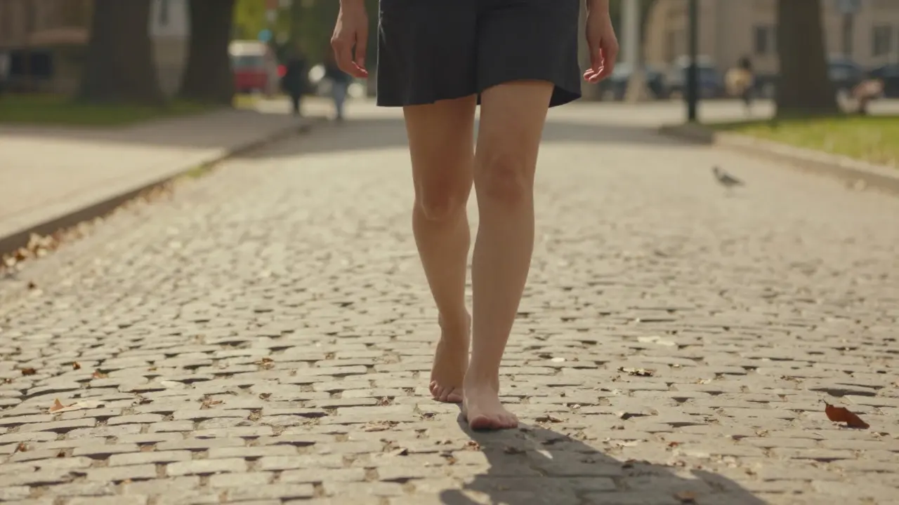 Osoba chodí bez obuvi po stezce v parku, bez sluchátek, soustředěna na okolí a kroky.