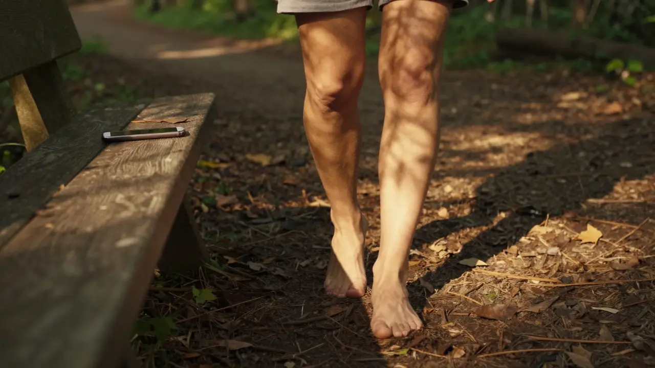 Osoba chodí bosá lesní cestou bez telefonu, cítí zem pod nohama a sluneční světlo na kůži.