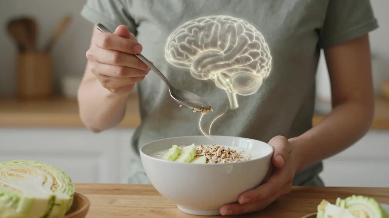 Osoba konzumuje kefír, ovesnou kaši a zelí s propojením střeva a mozku.