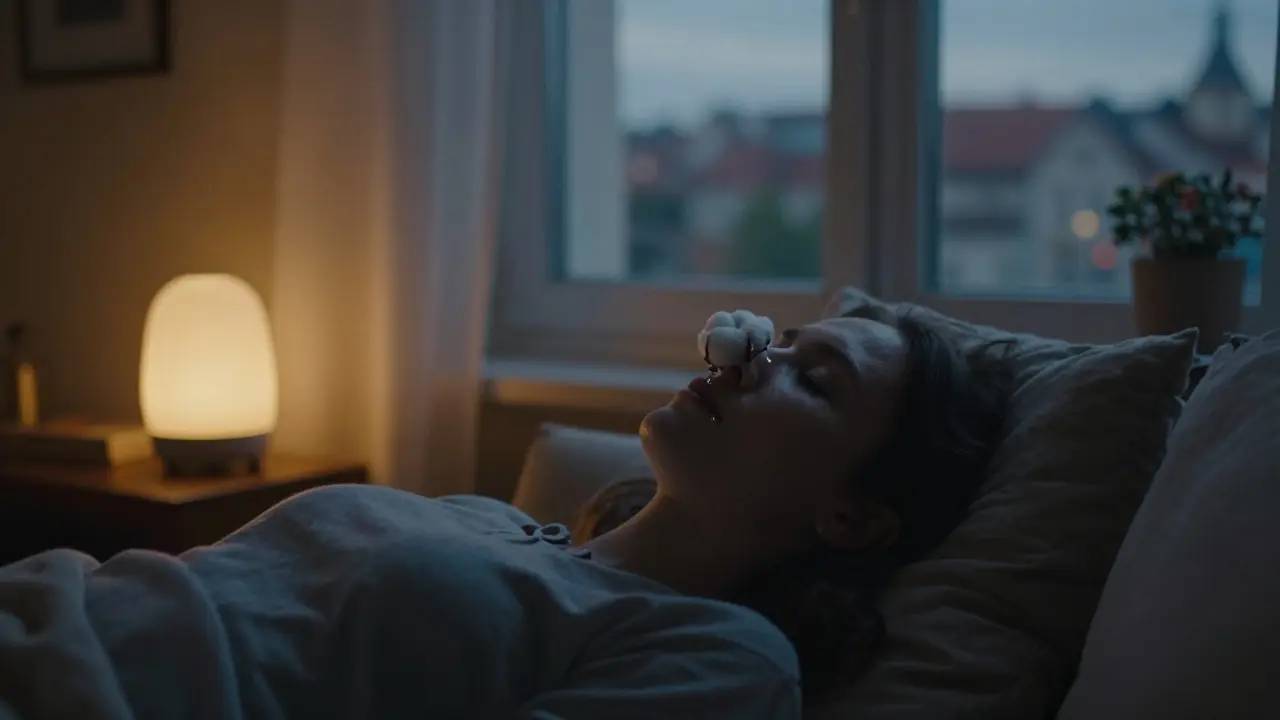 Osoba odpočívá večer s kapesníkem a jemnou vůní v klidné místnosti.